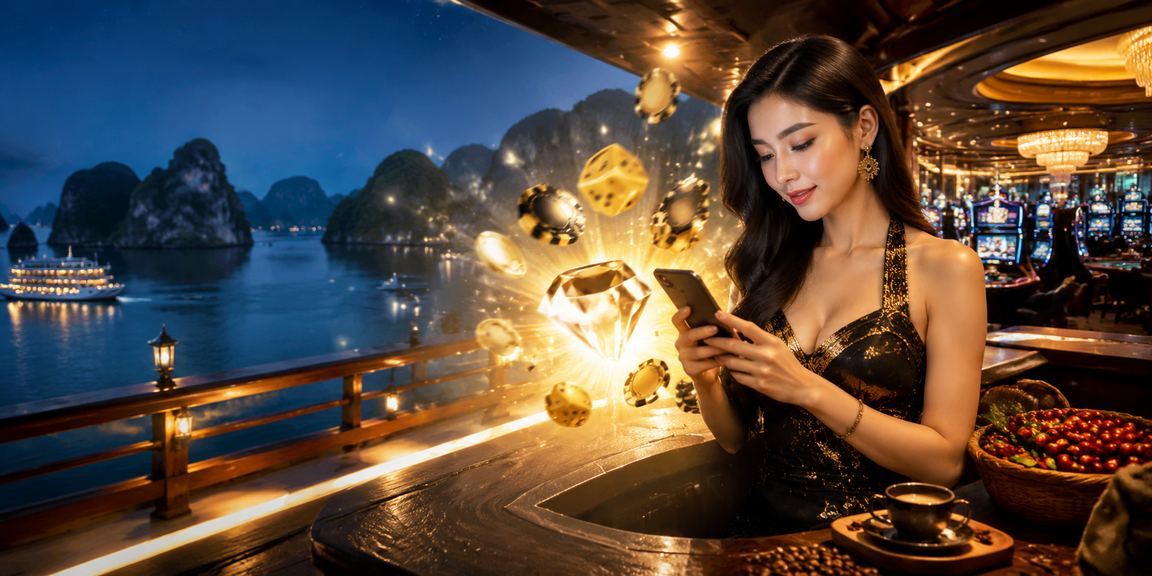 Người dùng trải nghiệm casino trên điện thoại bên vịnh Hạ Long với tách cà phê