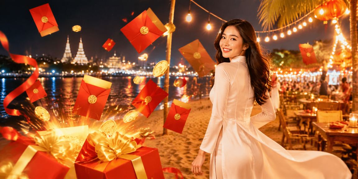 Cô gái mặc áo dài nhận phong bì đỏ may mắn tại lễ hội Mekong – biểu tượng thưởng casino